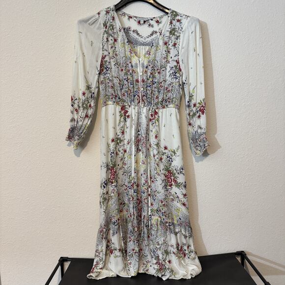 Lucky Brand Dress Womens Medium White Floral Boho Button Front 3/4 Sleeve India - Picture 1 of 4